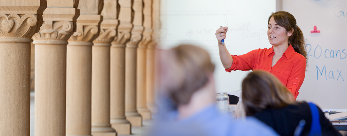 image of Stanford colums and GSE alumni teaching in a classroom